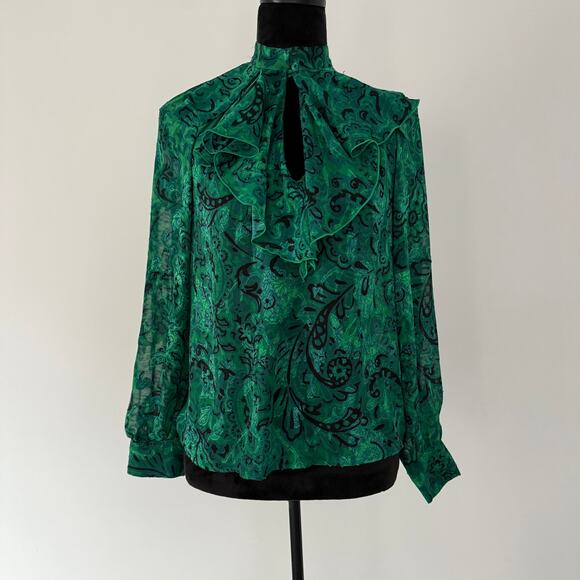 NWT Zara Green Paisley Ruffled Neck  Jacquared Long Sleeve Blouse Size XS - Picture 2 of 12